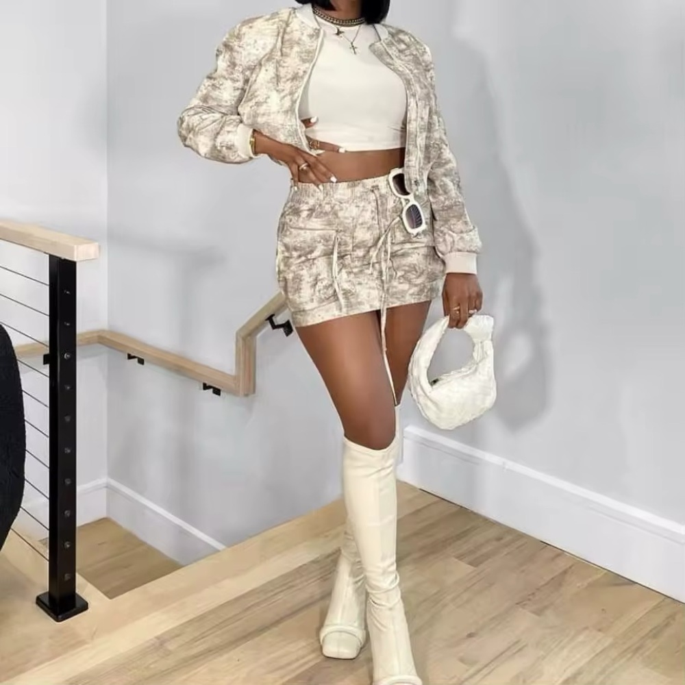 Zara bomber jacket and cargo skirt printed co-ord in khaki / stone